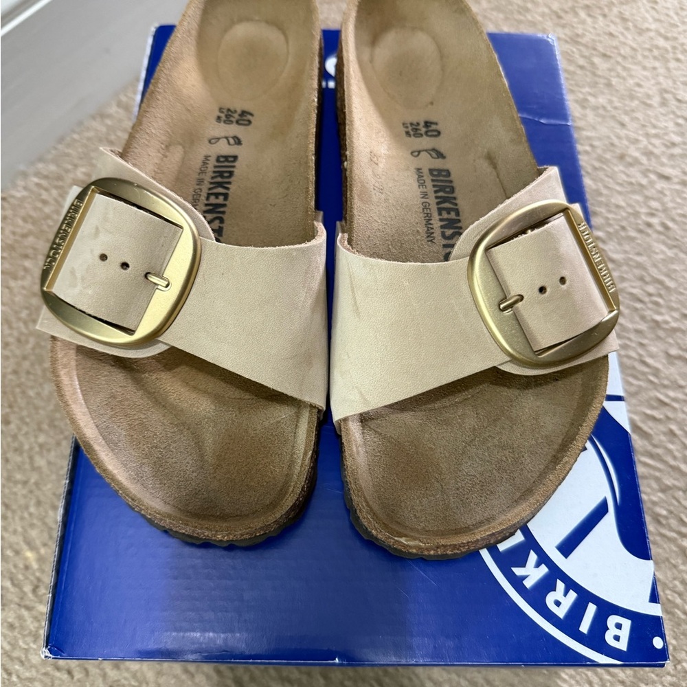 Birkenstock Tan Sandals with Wide Strap and Gold Buckle